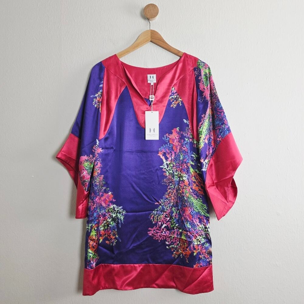 Halston Heritage Silk Kimono Mini Dress NWT 2 Purple Floral Watercolor Tunic
